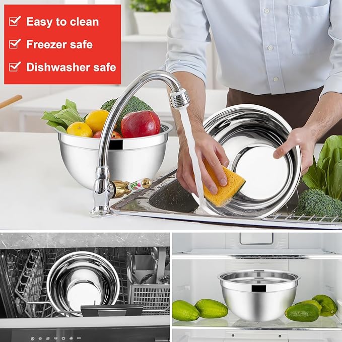 E-far Mixing Bowls with Lids, 6-Piece Stainless Steel Salad Bowls Metal Nesting Bowls for Baking Cooking and Prepping, Airtight Lids & Stackable Design, Size 4.5, 3, 1.5 QT (Red) - Image 5