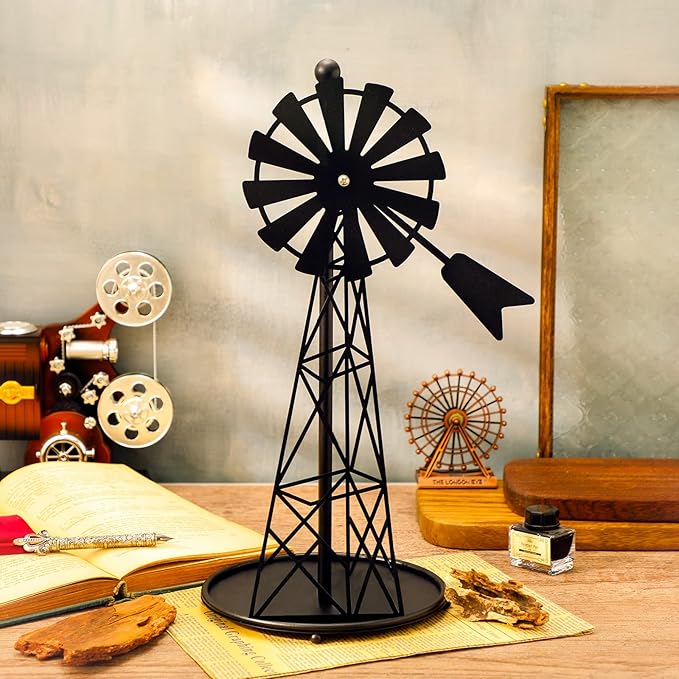 Vesici Windmill Paper Towel Holder Western Farmhouse Standing Paper Towel Roll Holder Black Countertop Metal Farm Decor Rustic Country Kitchen Rack for Kitchen Bathroom Home, 14.4 Inch