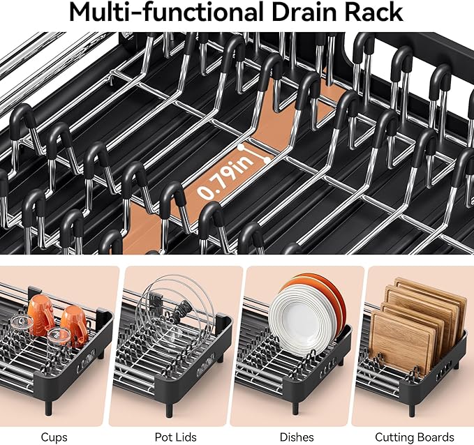 Urackify Stainless Steel Dish Drying Rack - Dish Drainer for Kitchen Counter, Extendable Drainboard with Foldable, Space-Saving Cup & Bowl Organizer, Includes Knife and Utensil Holder, Black - Image 4