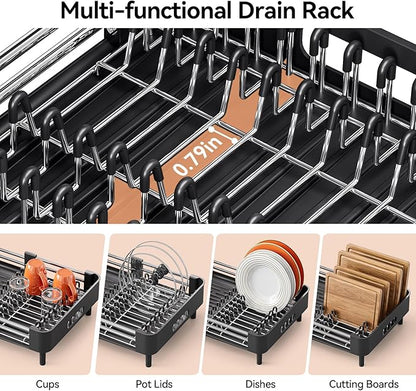 Urackify Stainless Steel Dish Drying Rack - Dish Drainer for Kitchen Counter, Extendable Drainboard with Foldable, Space-Saving Cup & Bowl Organizer, Includes Knife and Utensil Holder, Black - Image 4