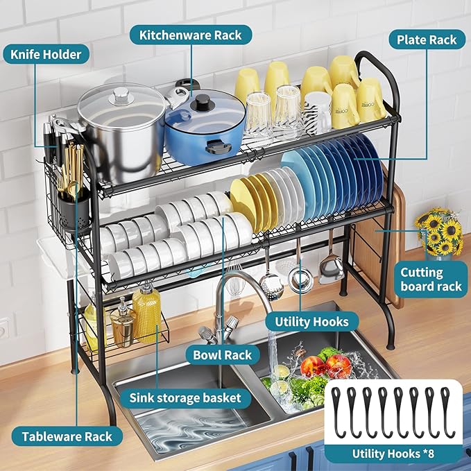 HOWDIA 3-Tier Over The Sink Dish Drying Rack,Stainless Steel Dish Rack with Cutlery Holder & Chopping Board Rack, 33.9” x 11.4” x 32.3” for Maximum Kitchen Storage（Black） - Image 5