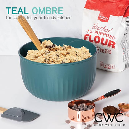COOK WITH COLOR 4pc Plastic Mixing Bowl Set with Lids (Teal Ombre, 210 ml, 550 ml, 1150 ml, 3500 ml) - Sturdy, Nesting, BPA Free, Dishwasher Safe, Food Safe, Bowls for Cooking and Baking - Image 3