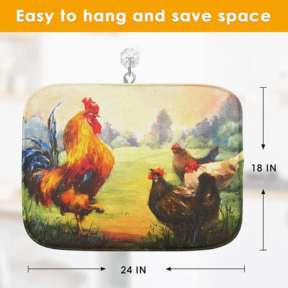Sanwarm Absorbent Dish Drying Mat, Multicolor Oil Realistic Rooster Chickens Microfiber Pad for Kitchen Counter, Coffee Bar Decor, Heat Resistant and Reversible, 18" x 24"