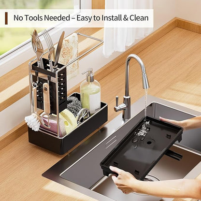MOUKABAL Sponge Holder for Kitchen Sink, 2-Tier Sink Caddy Organizer with Drain Holes and Hooks, Holds Dishcloth, Sponge & Brushes, Kitchen Countertop Storage for New Home Essentials Black - Image 6