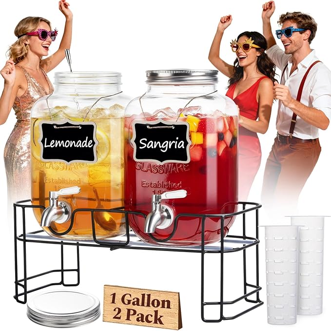 KIKCOIN 1 Gallon Glass Drink Dispensers for Parties, 2 Pack Leakproof Beverage Dispenser with Stand & 18/10 Stainless Steel Spigot & Filter -for Lemonade, Juice, Sun Tea, Punch- ALL DISHWASHER SAFE by Kikcoin