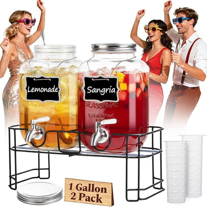 KIKCOIN 1 Gallon Glass Drink Dispensers for Parties, 2 Pack Leakproof Beverage Dispenser with Stand & 18/10 Stainless Steel Spigot & Filter -for Lemonade, Juice, Sun Tea, Punch- ALL DISHWASHER SAFE by Kikcoin