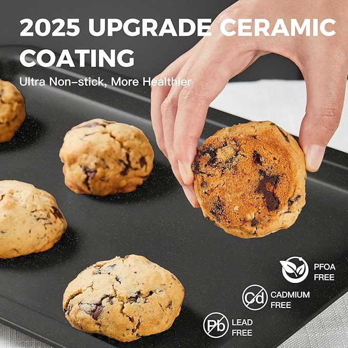HONGBAKE Ceramic Baking Sheet Pan Set, Cookie Sheet for Oven, Bakeware Sets with Wider Grips, 3 Pack Half/Jelly Roll/Quarter Baking Tray, Premium, Dishwasher Safe - Dark Grey - Image 4