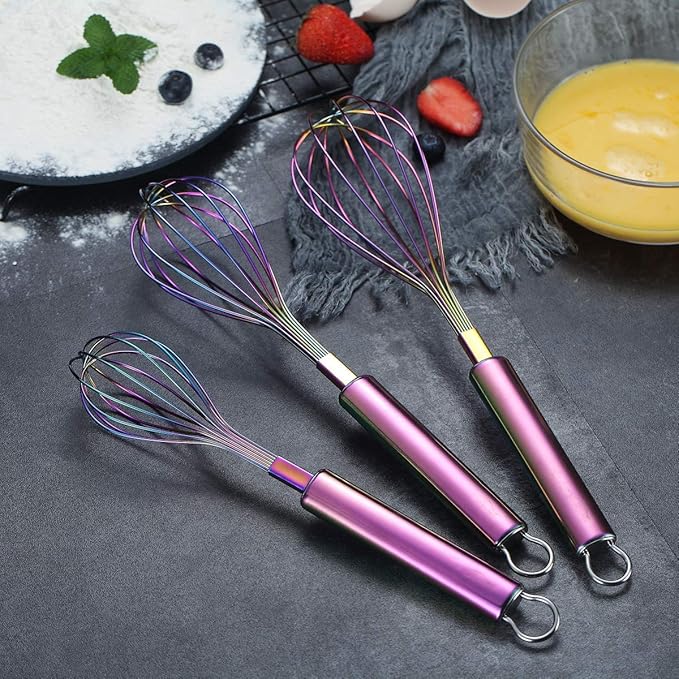 Berglander Rainbow Whisk Pack of 3 Stainless Steel 8",10",12", Titianium Plating Colorful Whisk for Cooking, Beater,Wire Whisk Set Kitchen Wisk (Rainbow) - Image 2