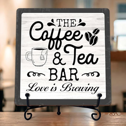 Coffee Bar Sign, Love is Brewing Farmhouse Tabletop Decor, Coffee and Tea Lover Gifts, 5x5 Wood Plaque with Iron Stand for Home Kitchen Cafe, Coffee Bar Decor – L08 by TIRYWT