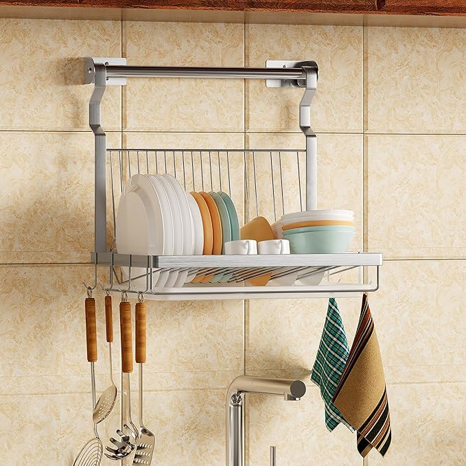 TQVAI Over Sink Dish Drainer Drying Rack, Stainless Steel Foldable Wall Mounted Dish Racks with Drainboard Hanging Rod and Sponge Holder, Silver - Image 7