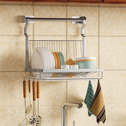 TQVAI Over Sink Dish Drainer Drying Rack, Stainless Steel Foldable Wall Mounted Dish Racks with Drainboard Hanging Rod and Sponge Holder, Silver - Image 7