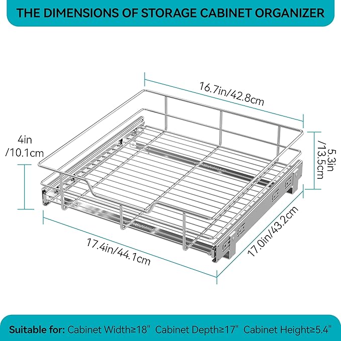 Pull Out Cabinet Organizer 17" W X 17" D, Slide Out Drawers For Kitchen Organizers and Storage, Pull Out Drawers For Cabinets Capacity Heavy Duty Caddy, Cabinet Shelves Chrome-Plated, Bathroom Pantry - Image 2