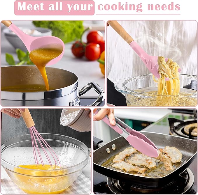 E-far Silicone Cooking Utensils Set, 10-Piece Kitchen Utensils Set with Wooden Handle for Cooking, Non-toxic Silicone Kitchen Nonstick Tools Spatula Whisk Tongs Ladle, Heat Resistant & Health, Pink - Image 5