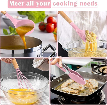 E-far Silicone Cooking Utensils Set, 10-Piece Kitchen Utensils Set with Wooden Handle for Cooking, Non-toxic Silicone Kitchen Nonstick Tools Spatula Whisk Tongs Ladle, Heat Resistant & Health, Pink - Image 5