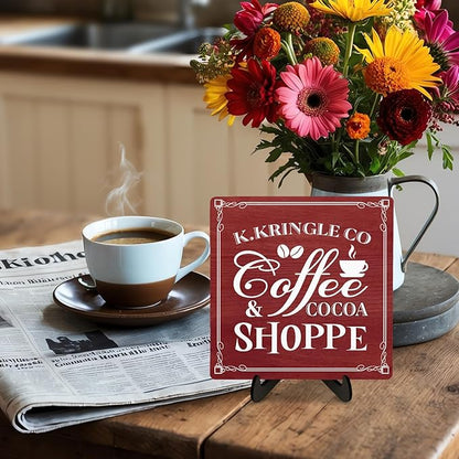 Kringle Coffee & Cocoa Shoppe Sign – 5.9 x 5.9 Inch Wooden Christmas Decor Plaque with Stand, Vintage Holiday Coffee Bar Sign for Kitchen, Cocoa Station, Hot Drink Corner (Red) - Image 3