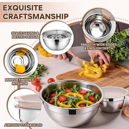 E-far Mixing Bowls With Lids Sets of 5, 10-Piece Stainless Steel Salad Metal Nesting Bowl for Baking Cooking and Prepping, Airtight Lid & Stackable Design, Size 4.6, 3, 2.1, 1.5, 0.7 QT, Khaki - Image 3