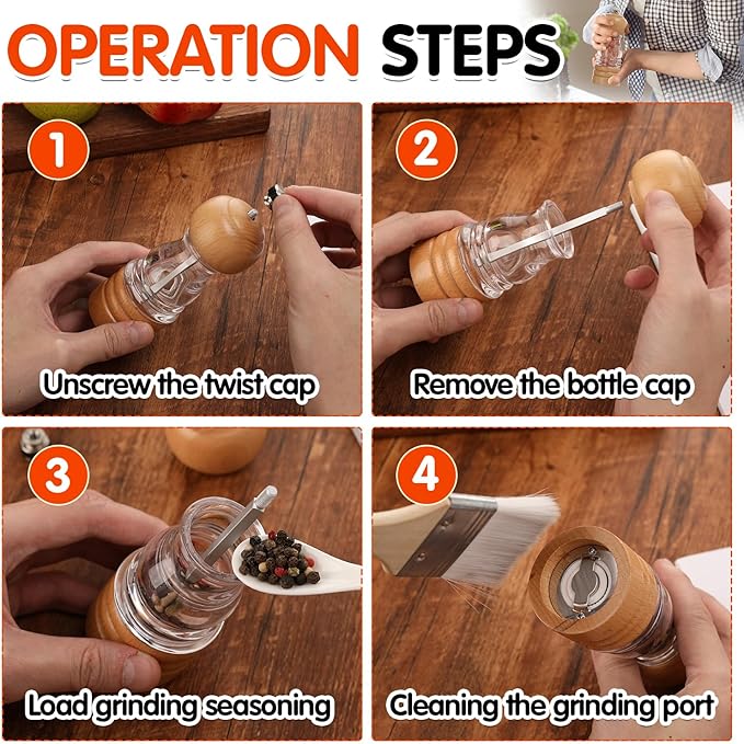Salt and Pepper Grinder Set,2 PCS 5 Inch Wooden Manual Salt Pepper Mill Grinders for Kitchen,Refillable and Adjustable Grinder for Pepper Salt Spices