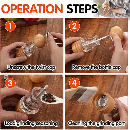 Salt and Pepper Grinder Set,2 PCS 5 Inch Wooden Manual Salt Pepper Mill Grinders for Kitchen,Refillable and Adjustable Grinder for Pepper Salt Spices