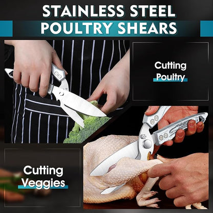 Dream Reach Kitchen Poultry Shears - Heavy Duty Detachable Meat Cutting Scissors with Serrated Edge Cooking Scissors for Thanksgiving Silver