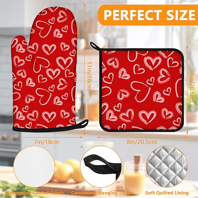 White Love Hearts Oven Mitts and Pot Holders Sets 4Pcs,Extra Long Oven Gloves Potholder for Kitchen Cooking Baking BBQ 100% Cotton Heat Resistant - Image 2