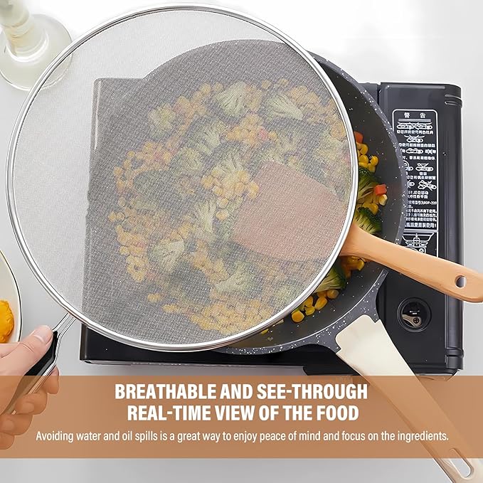Splatter Screen for Frying Pan 13" 11.5" 9.8" Stainless Steel Fine Mesh Grease Splatter Guard with Comfort Silicone Handles and Resting Feet for Prevent Oil Splatter Safe Cooking - Image 2