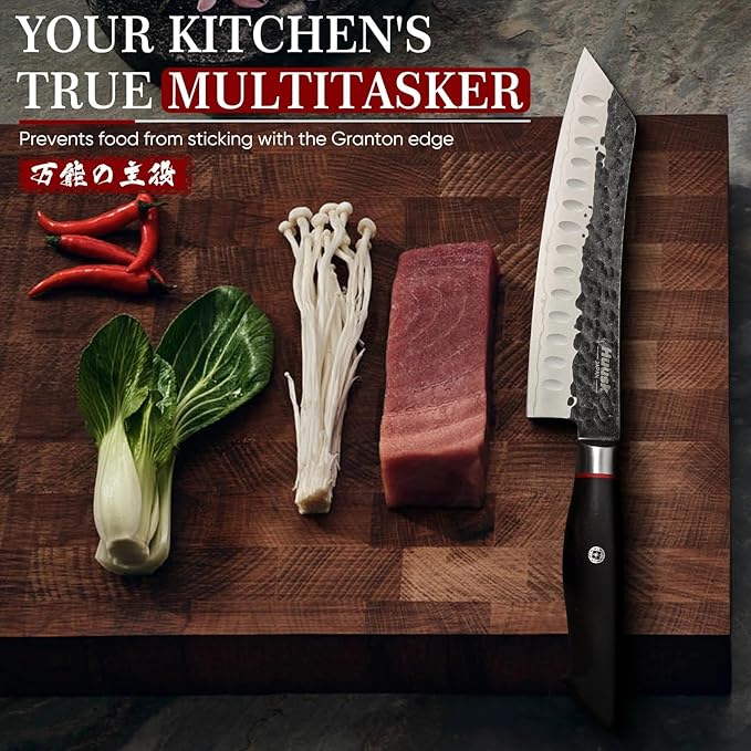 Huusk Santoku Japanese Chef Knife - Hand Forged Chef's Knives with VG10 Steel Core, Ultra Sharp 8 inch Kitchen Knife with Ergonomic Ebony Handle, Premium Wooden Gift Box for Men Women - Image 5