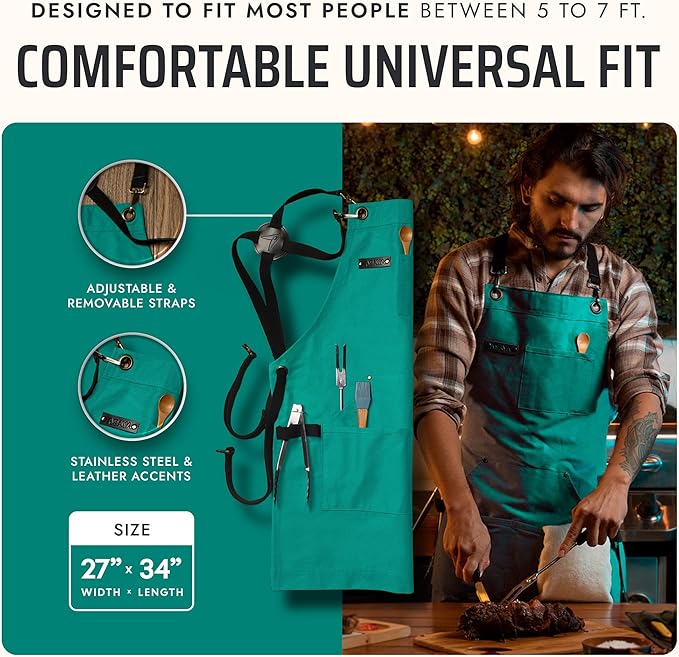 Asaya Chef and BBQ Apron with Bottle Opener and Hand Towel - 10oz Cotton Canvas, Stainless Steel Hardware - Cross Back Straps - Image 5