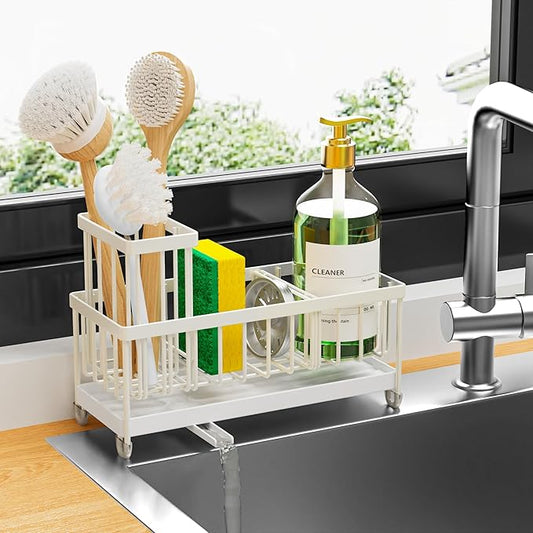 Cisily Sponge Holder for Kitchen Sink, Sink Caddy Organizer with High Brush Holder, Kitchen Countertop Organizers and Storage Essentials, Rustproof 304 Stainless Steel (Cream, 9.25″) by CISILYHOMELIFE