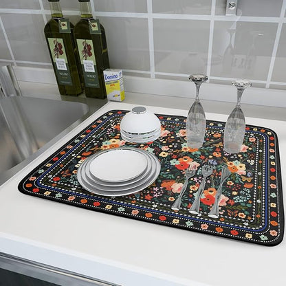 Floral Microfiber Dish Drying Mat Large Absorbent Dish Drainer Rack Pad for Kitchen Counter - Image 6