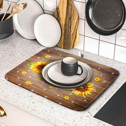 Summer Sunflower Bee Dish Drying Mat for Kitchen Counter,Rustic Yellow Flowers White Polka Dots Drying Mat 16 x 18 Inch with Absorbent Reversible Microfiber Drying Pad for Coffee Bar - Image 5
