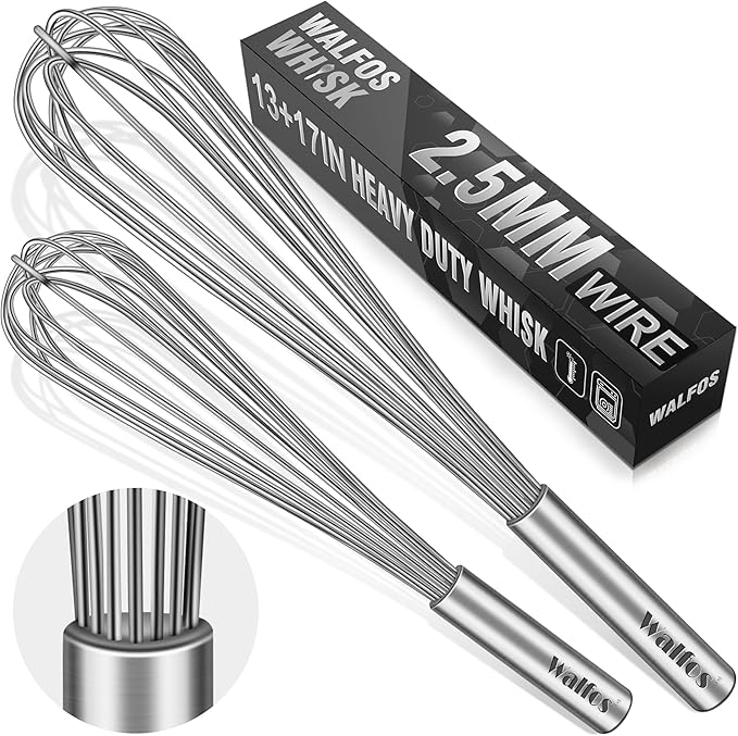 Walfos Whisks Large Whisk Set of 2, Heavy Duty Stainless Steel Wire Whisk Ideal For Beating Eggs, Mixing Batter & Blending Sauces.（13in+17in) by Walfos