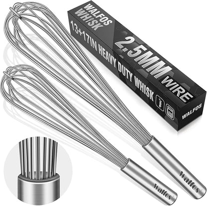 Walfos Whisks Large Whisk Set of 2, Heavy Duty Stainless Steel Wire Whisk Ideal For Beating Eggs, Mixing Batter & Blending Sauces.（13in+17in) by Walfos