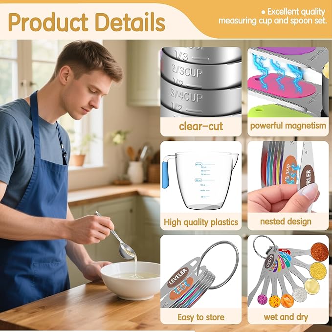 Magnetic Measuring Cups and Spoons Set, 5 Stainless Steel Measuring Cups, 7 Magnetic Measuring Spoons & 1 Leveler, 3 Plastic Measuring Cup with 1 Measuring Conversion Chart - Image 2