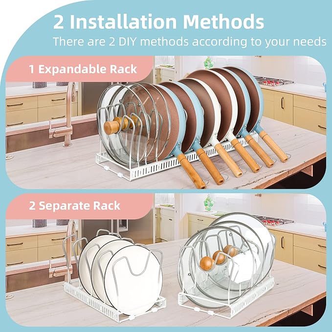 ROOHUA Pot Rack Organizer -Expandable Pot and Pan Organizer for Cabinet,Pot Lid Organizer Holder with 10 Adjustable Compartment for Kitchen Cabinet Cookware Baking Frying Rack - Image 5