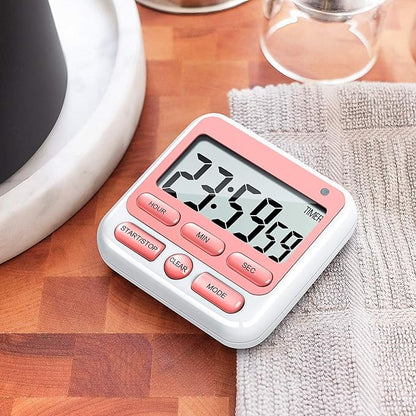 KTKUDY Digital Kitchen Timer with Mute/Loud Alarm Switch ON/Off Switch, 12-Hour Clock & Alarm, Memory Function Count Up & Count Down for Kids Teachers Cooking, Large LCD Display, Strong Magnet (Pink) - Image 8