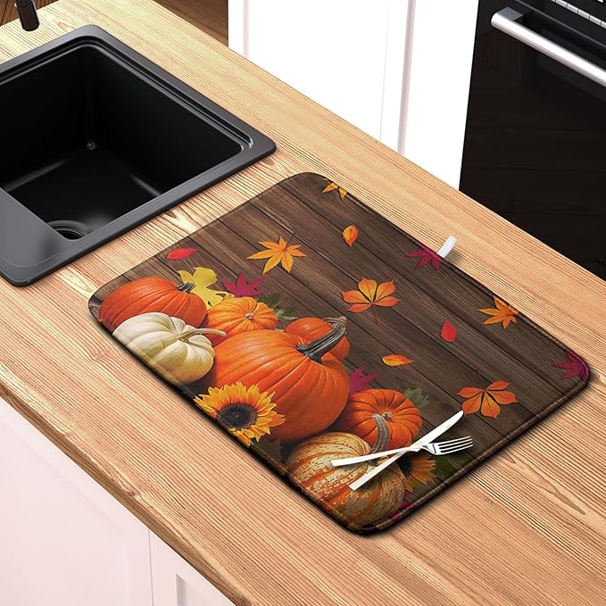 AutumnThanksgiving Pumpkin Dish Drying Mat for Kitchen Counter 18x24 Inch Fall Sunflowers Maple Leaves Harvest Kitchen Drying Mat Microfiber Super Absorbent Dish Rack Drainer Mat with Hanging Loop - Image 6