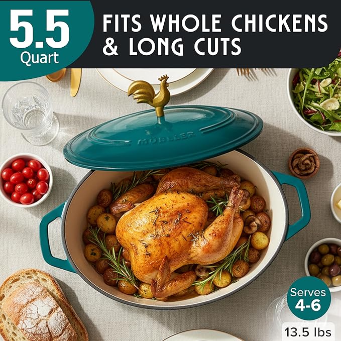 MUELLER HOME 5.5 Quart Enameled Cast Iron Oval Dutch Oven with Rooster Knob and Cotton Potholders, Heavy-Duty Cookware, Oven-Safe up to 500° F & Across All Cooktops, Thanksgiving Essentials, Emerald - Image 3