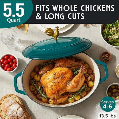 MUELLER HOME 5.5 Quart Enameled Cast Iron Oval Dutch Oven with Rooster Knob and Cotton Potholders, Heavy-Duty Cookware, Oven-Safe up to 500° F & Across All Cooktops, Thanksgiving Essentials, Emerald - Image 3