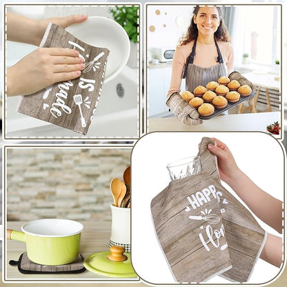 Fourluoo 10 Pcs Farmhouse Kitchen Decor and Accessories Set 4 Kitchen Towels 2 Pot Holders 2 Oven Mitts 2 Rugs for Cooking Baking Mom Housewarming Gifts(Brown,Classic Style) - Image 5