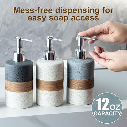 Dish Soap Dispenser Set with Silicone Funnel, Hand Soap, Shampoo, Body Wash, Ceramic Liquid Soap Dispenser for Kitchen and Bathroom Countertops, Stainless Steel Pump, Non Slip, 12 Oz, Black
