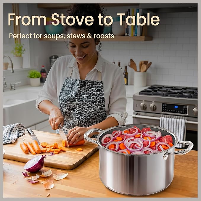 Stainless Steel Stockpot with Tempered Glass Lid 12 Quart, Durable 18/0 Stainless Steel, Impact-Bonded Base for Even Heating, Riveted Handles, Oven & All Stove Compatible, Safe Up To 500°F (260°C)