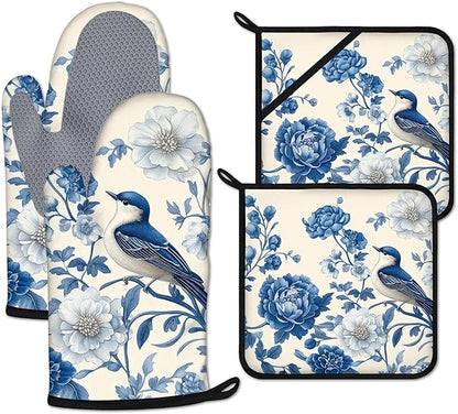 Blue Bird Blooming Flower Oven Mitts and Pot Holders Sets Heat Resistant 4Pcs Potholders Oven Gloves Hot Pads for Kitchen Baking Cooking Grilling BBQ