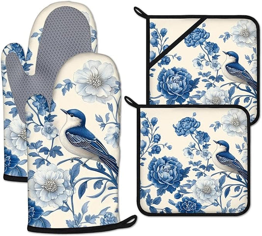 Blue Bird Blooming Flower Oven Mitts and Pot Holders Sets Heat Resistant 4Pcs Potholders Oven Gloves Hot Pads for Kitchen Baking Cooking Grilling BBQ