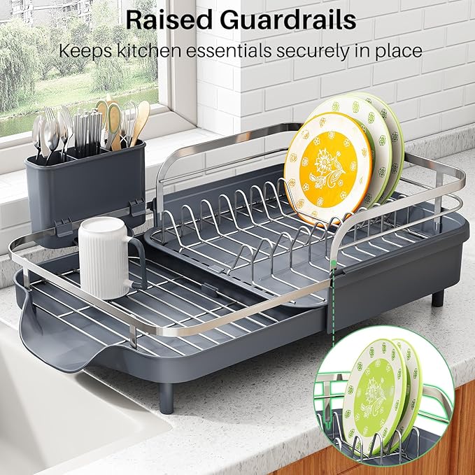 SAYZH Dish Drying Rack - Expandable Dish Rack for Kitchen Counter, Rust-Resistant Dish Drainer with Utensil Holder and Raised Guardrail, Kitchen Organizer for Cup and Bottle (Grey) - Image 6