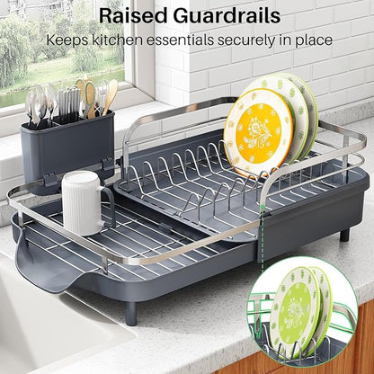 SAYZH Dish Drying Rack - Expandable Dish Rack for Kitchen Counter, Rust-Resistant Dish Drainer with Utensil Holder and Raised Guardrail, Kitchen Organizer for Cup and Bottle (Grey) - Image 6