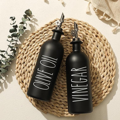 HOMCDALY 16oz Olive Oil Dispenser Bottles for Kitchen, Glass Black Oil&Vinegar Dispenser Set, Kitchen Olive Oil Bottles with Bamboo Tray| Set of 2 (16oz-P-Black) - Image 4