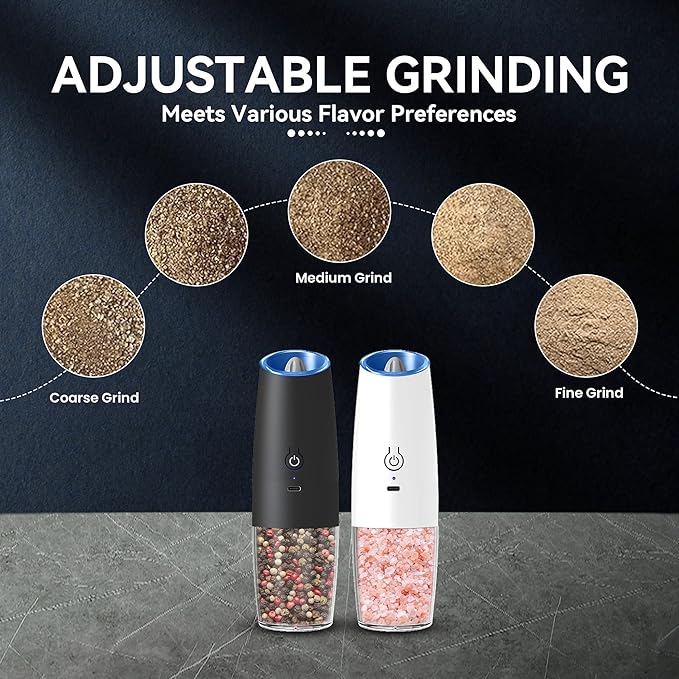 UNNEES Rechargeable Electric Salt and Pepper Grinder set of 2, gravity electric salt and pepper grinder set, Adjustable Roughness, LED Light, 2 Pack, (Black&White) - Image 3