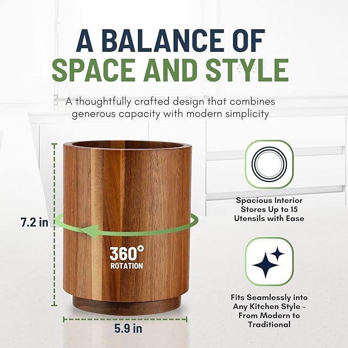 Linda's Essentials Acacia Wooden Utensil Holder for Kitchen Counter, 7.2" Wood Utensil Holder Counter, Kitchen Utensils Holder with 360° Rotation, Non-Slip Large Utensils Holders, Spatula Holders - Image 3