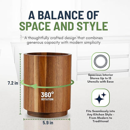 Linda's Essentials Acacia Wooden Utensil Holder for Kitchen Counter, 7.2" Wood Utensil Holder Counter, Kitchen Utensils Holder with 360° Rotation, Non-Slip Large Utensils Holders, Spatula Holders - Image 3