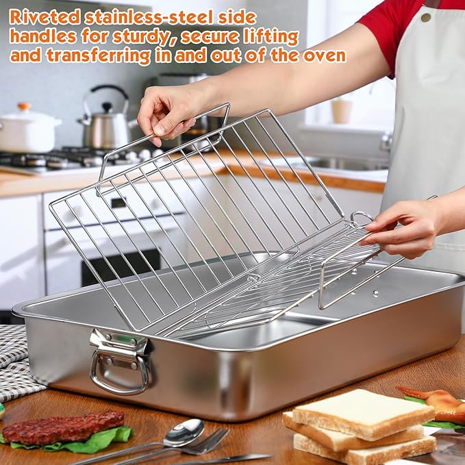 Teenyyou Extra Large Stainless Steel Turkey Roaster with Racks 23.6 * 15.7in Turkey Roaster Pot, with Stainless Steel Detachable Rack Suitable for Poultry, Chicken, Ham, Vegetable